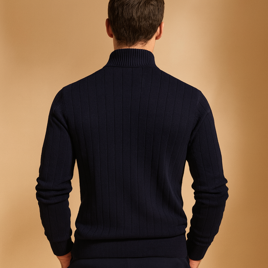 Men’s half zip sweater with slim fit, high collar, and soft warm knit. Perfect for casual or refined outfits in autumn and winter.