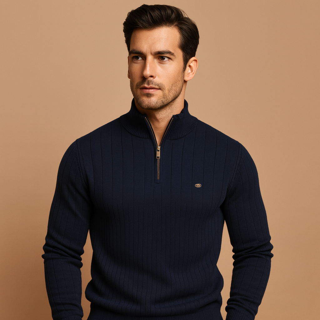 Men’s half zip sweater with slim fit, high collar, and soft warm knit. Perfect for casual or refined outfits in autumn and winter.