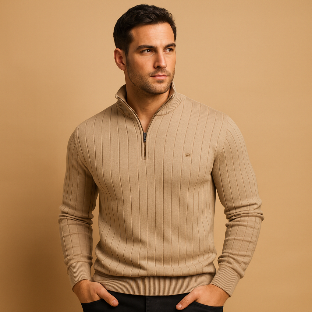 Men’s half zip sweater with slim fit, high collar, and soft warm knit. Perfect for casual or refined outfits in autumn and winter.