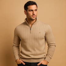 Men’s half zip sweater with slim fit, high collar, and soft warm knit. Perfect for casual or refined outfits in autumn and winter.