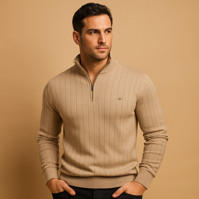 Men’s half zip sweater with slim fit, high collar, and soft warm knit. Perfect for casual or refined outfits in autumn and winter.