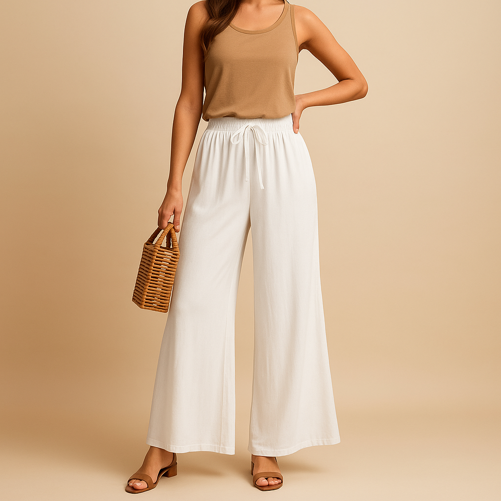 Women’s high-waisted wide-leg trousers with elastic waistband and modern chic cut, perfect for work or casual days