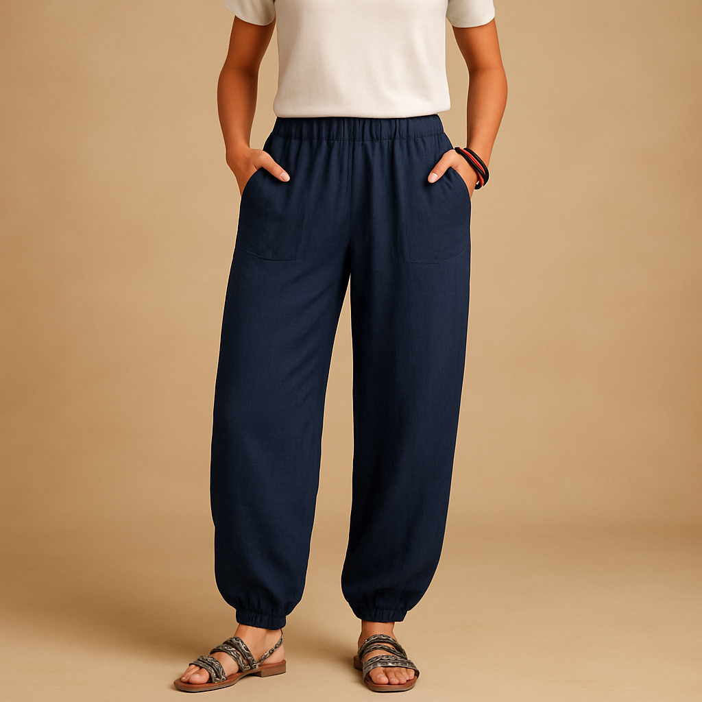 Women’s high-waisted linen boho trousers with a loose fit and functional pockets, ideal for summer days and relaxed outfits