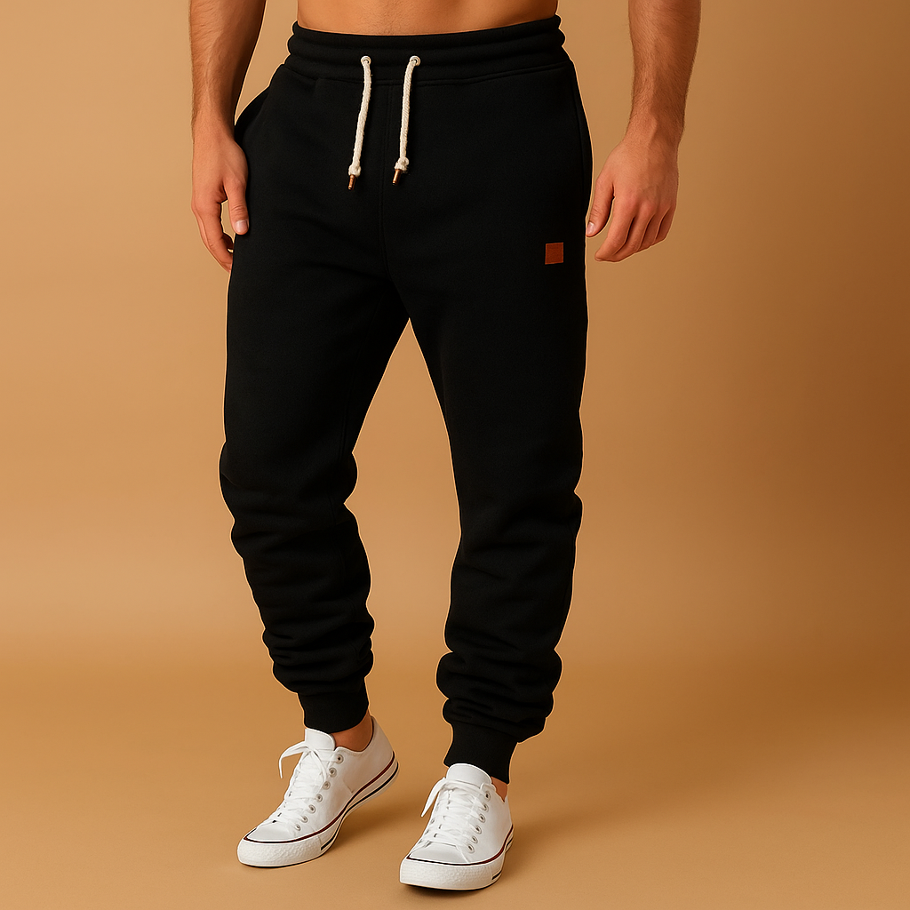 Men’s jogging trousers in a soft cotton blend with adjustable waistband and side pockets, perfect for workouts, casual days, or relaxing at home.