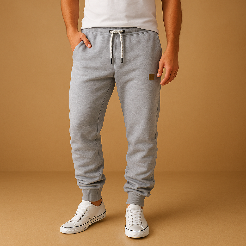 Men’s jogging trousers in a soft cotton blend with adjustable waistband and side pockets, perfect for workouts, casual days, or relaxing at home.
