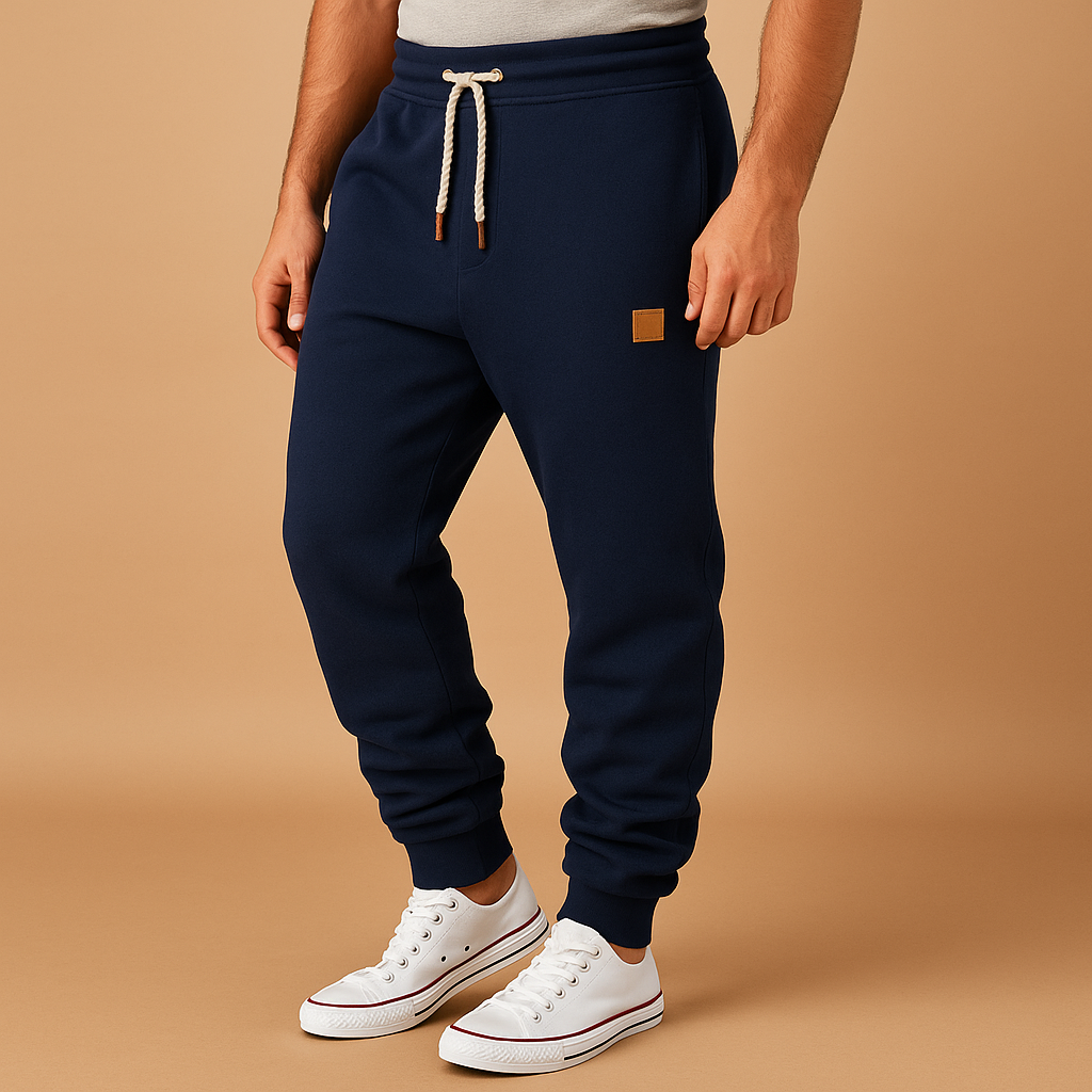 Men’s jogging trousers in a soft cotton blend with adjustable waistband and side pockets, perfect for workouts, casual days, or relaxing at home.
