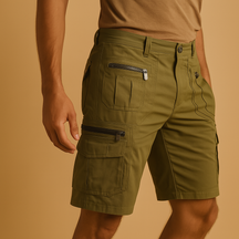 Men’s knee-length cargo shorts with multiple zip and flap pockets in sand, army green, black, and dark grey, ideal for outdoor and casual wear.