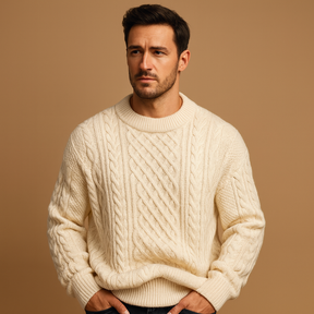Men’s knitted crew neck sweater with loose fit, soft knit fabric, and solid timeless design. Perfect for layering in autumn and winter.