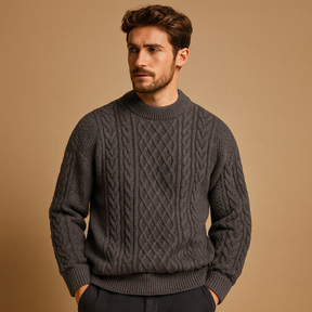Men’s knitted crew neck sweater with loose fit, soft knit fabric, and solid timeless design. Perfect for layering in autumn and winter.
