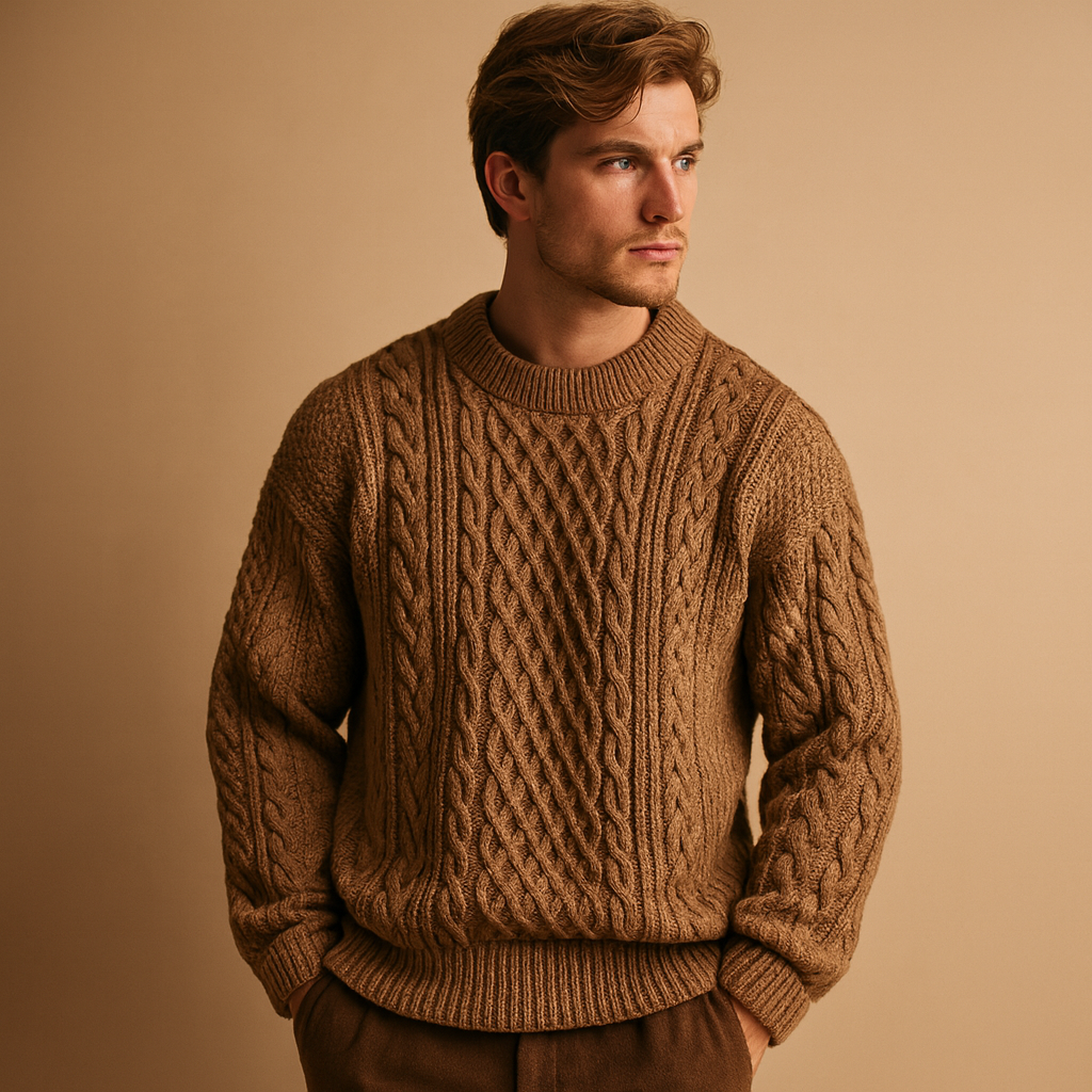 Men’s knitted crew neck sweater with loose fit, soft knit fabric, and solid timeless design. Perfect for layering in autumn and winter.