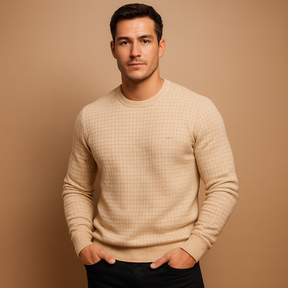 Men’s knitted crew neck sweater with soft warm fabric and relaxed fit. Timeless versatile design for work, casual wear, or autumn and winter outfits.