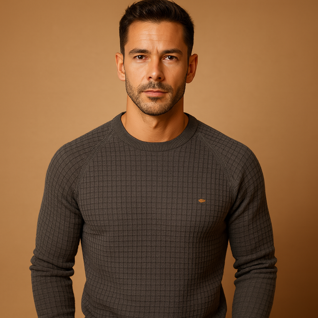 Men’s knitted crew neck sweater with soft warm fabric and relaxed fit. Timeless versatile design for work, casual wear, or autumn and winter outfits.