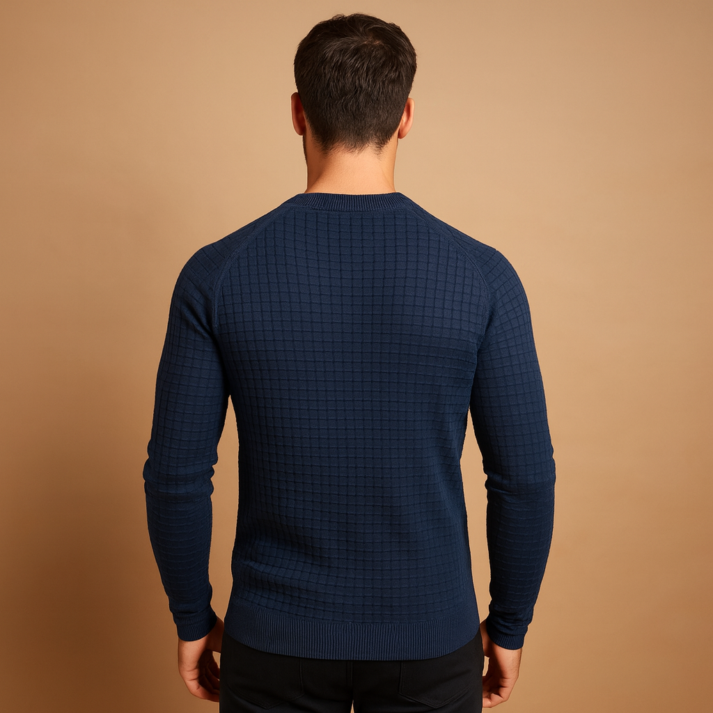 Men’s knitted crew neck sweater with soft warm fabric and relaxed fit. Timeless versatile design for work, casual wear, or autumn and winter outfits.