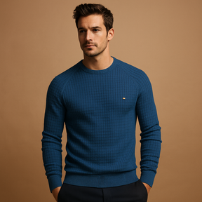 Men’s knitted crew neck sweater with soft warm fabric and relaxed fit. Timeless versatile design for work, casual wear, or autumn and winter outfits.