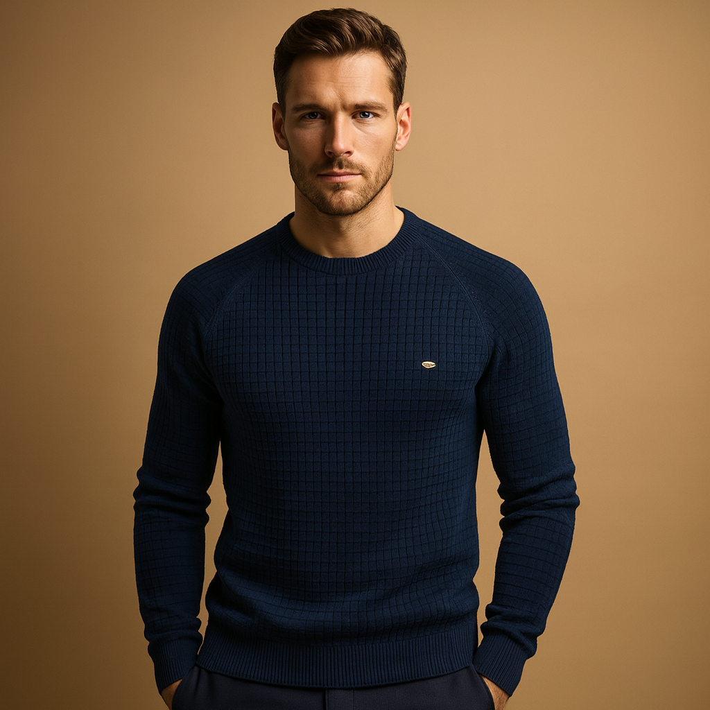 Men’s knitted crew neck sweater with soft warm fabric and relaxed fit. Timeless versatile design for work, casual wear, or autumn and winter outfits.