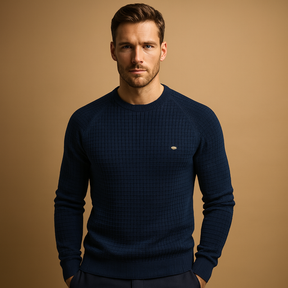 Men’s knitted crew neck sweater with soft warm fabric and relaxed fit. Timeless versatile design for work, casual wear, or autumn and winter outfits.