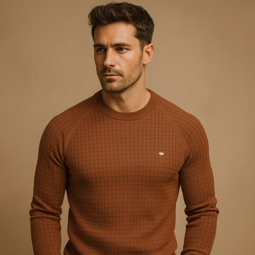 Men’s knitted crew neck sweater with soft warm fabric and relaxed fit. Timeless versatile design for work, casual wear, or autumn and winter outfits.