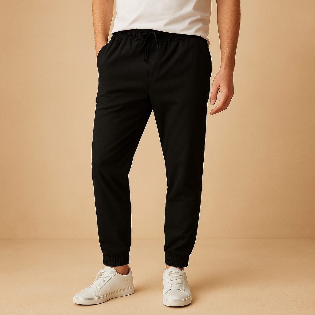 Men’s knitted winter trousers with thick warm fabric, elastic waistband, and drawstring, ideal for casual winter wear and home comfort.