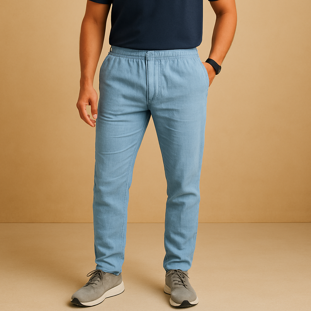 Men’s lightweight breathable trousers in relaxed fit, available in beige and sand, ideal for summer days, beachwear, and casual elegance.