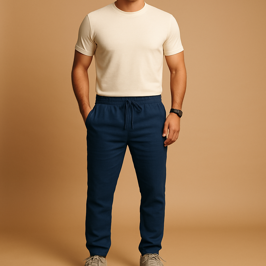 Men’s lightweight breathable trousers in relaxed fit, available in beige and sand, ideal for summer days, beachwear, and casual elegance.