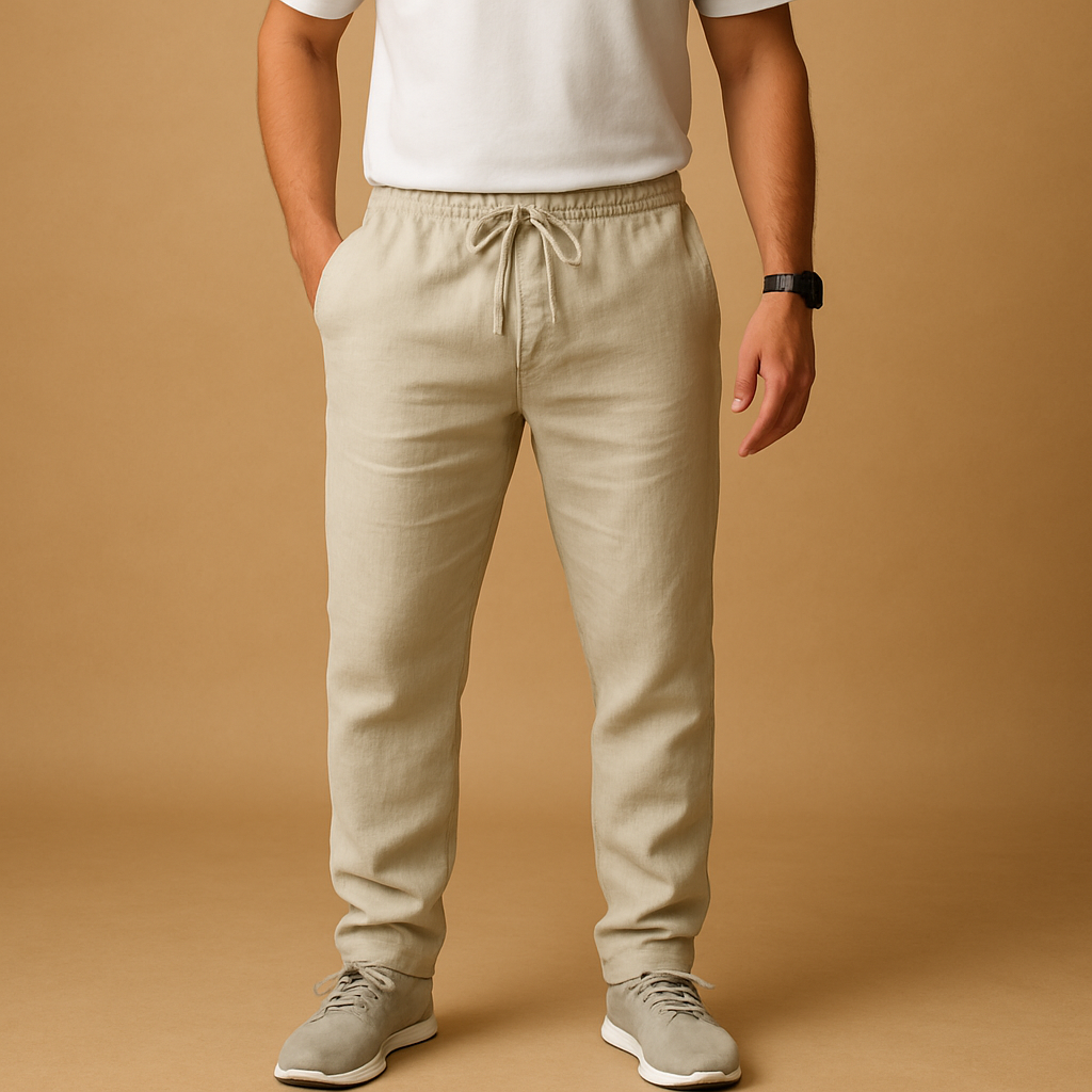 Men’s lightweight breathable trousers in relaxed fit, available in beige and sand, ideal for summer days, beachwear, and casual elegance.