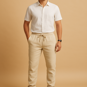 Men’s lightweight breathable trousers in relaxed fit, available in beige and sand, ideal for summer days, beachwear, and casual elegance.