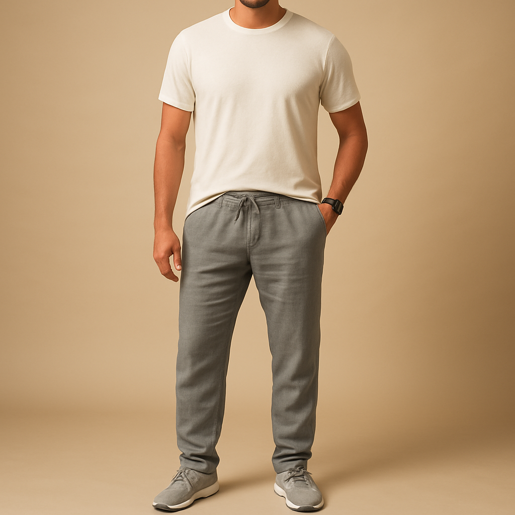 Men’s lightweight breathable trousers in relaxed fit, available in beige and sand, ideal for summer days, beachwear, and casual elegance.