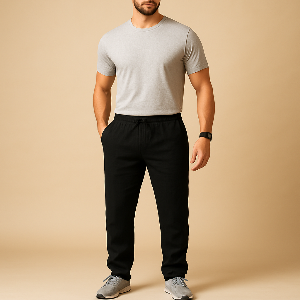 Men’s lightweight breathable trousers in relaxed fit, available in beige and sand, ideal for summer days, beachwear, and casual elegance.