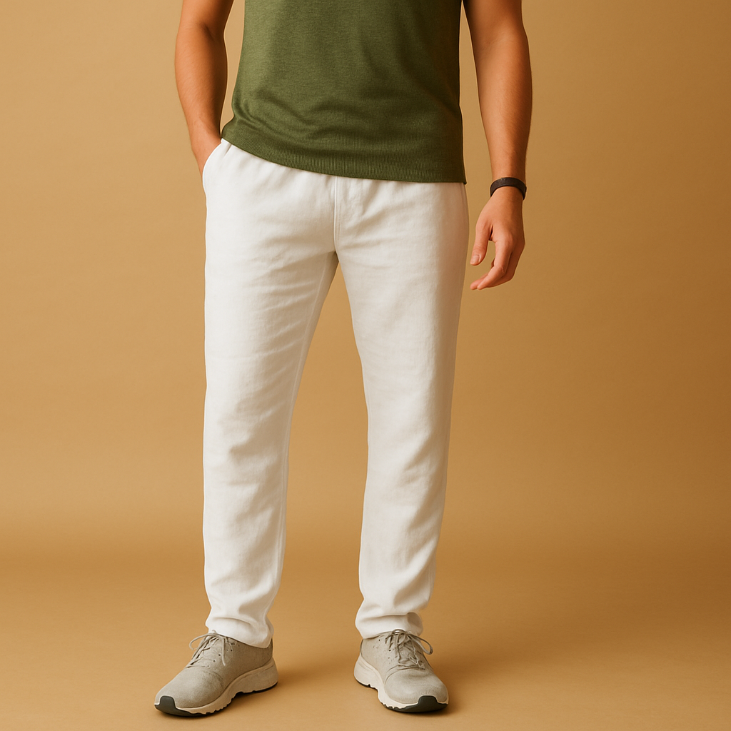 Men’s lightweight breathable trousers in relaxed fit, available in beige and sand, ideal for summer days, beachwear, and casual elegance.