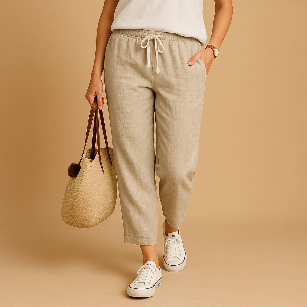 Women’s lightweight breathable trousers in beige, black, navy, blue, green, and red—ideal for casual and active spring outfits