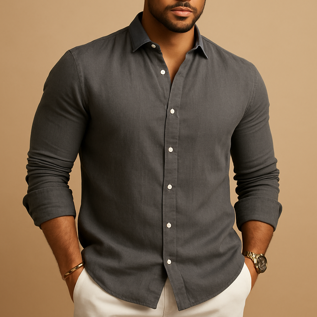 Men’s lightweight dress shirt with breathable fabric and classic fit, available in light grey, black, dark grey, navy, khaki, and white.