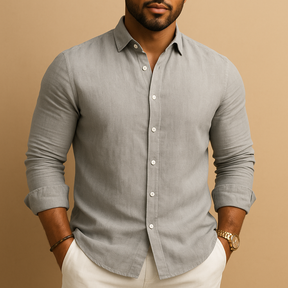 Men’s lightweight dress shirt with breathable fabric and classic fit, available in light grey, black, dark grey, navy, khaki, and white.