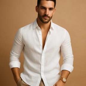 Men’s lightweight dress shirt with breathable fabric and classic fit, available in light grey, black, dark grey, navy, khaki, and white.