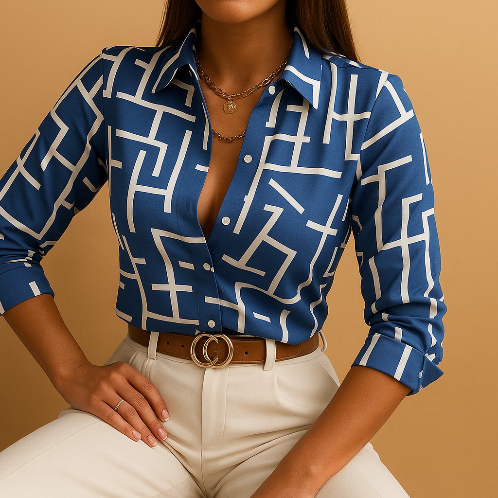 Woman wearing a lightweight printed blouse with a bold design, perfect for casual days, work, or elegant evenings