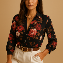 Woman wearing a lightweight printed blouse with a bold design, perfect for casual days, work, or elegant evenings