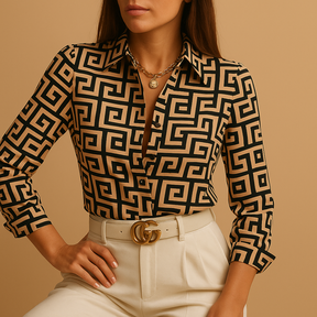 Woman wearing a lightweight printed blouse with a bold design, perfect for casual days, work, or elegant evenings