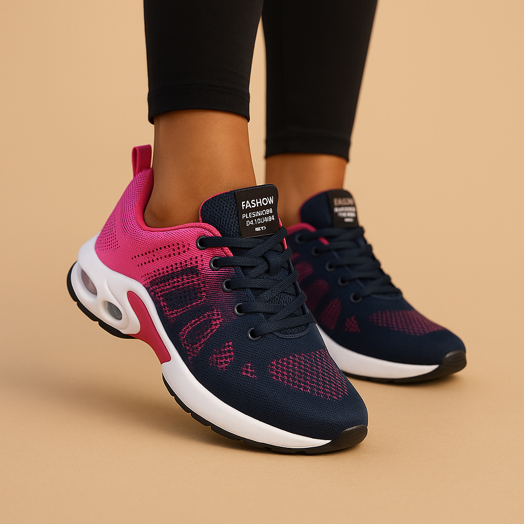 Comfortable women’s slip-on walking shoes with breathable mesh in black, beige, grey, and pink, perfect for everyday wear.