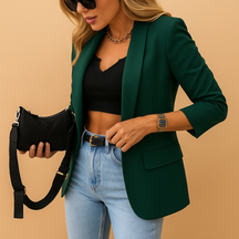 Women’s long structured blazer with classic lapels, available in black, beige, and navy blue, perfect for workwear and formal events