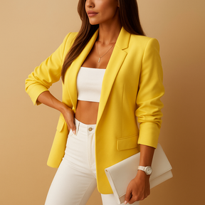 Women’s long structured blazer with classic lapels, available in black, beige, and navy blue, perfect for workwear and formal events