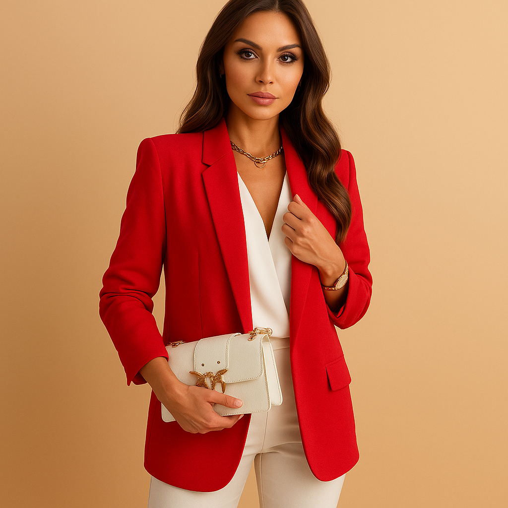 Women’s long structured blazer with classic lapels, available in black, beige, and navy blue, perfect for workwear and formal events