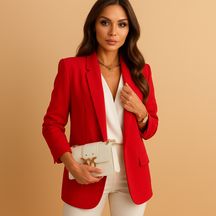 Women’s long structured blazer with classic lapels, available in black, beige, and navy blue, perfect for workwear and formal events