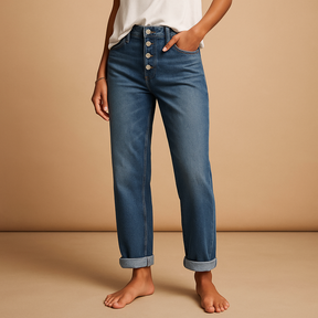 Women’s high-waisted loose fit jeans in classic denim blue with wide legs, ideal for casual and trendy outfits