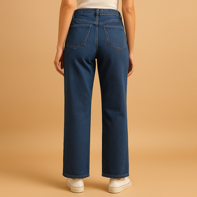 Women’s high-waisted loose fit jeans in classic denim blue with wide legs, ideal for casual and trendy outfits