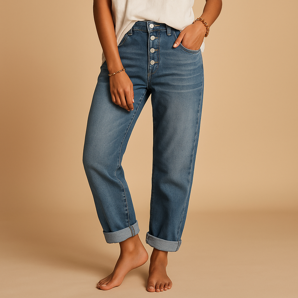 Women’s high-waisted loose fit jeans in classic denim blue with wide legs, ideal for casual and trendy outfits
