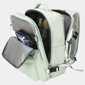 Women’s travel backpack with anti-theft pockets, laptop sleeve, wet compartment, and 180° flip opening for organised travel