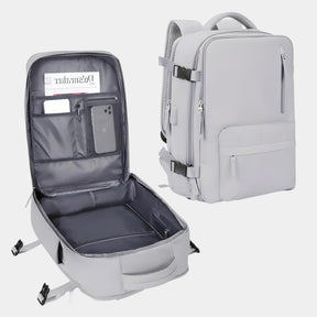 Women’s travel backpack with anti-theft pockets, laptop sleeve, wet compartment, and 180° flip opening for organised travel