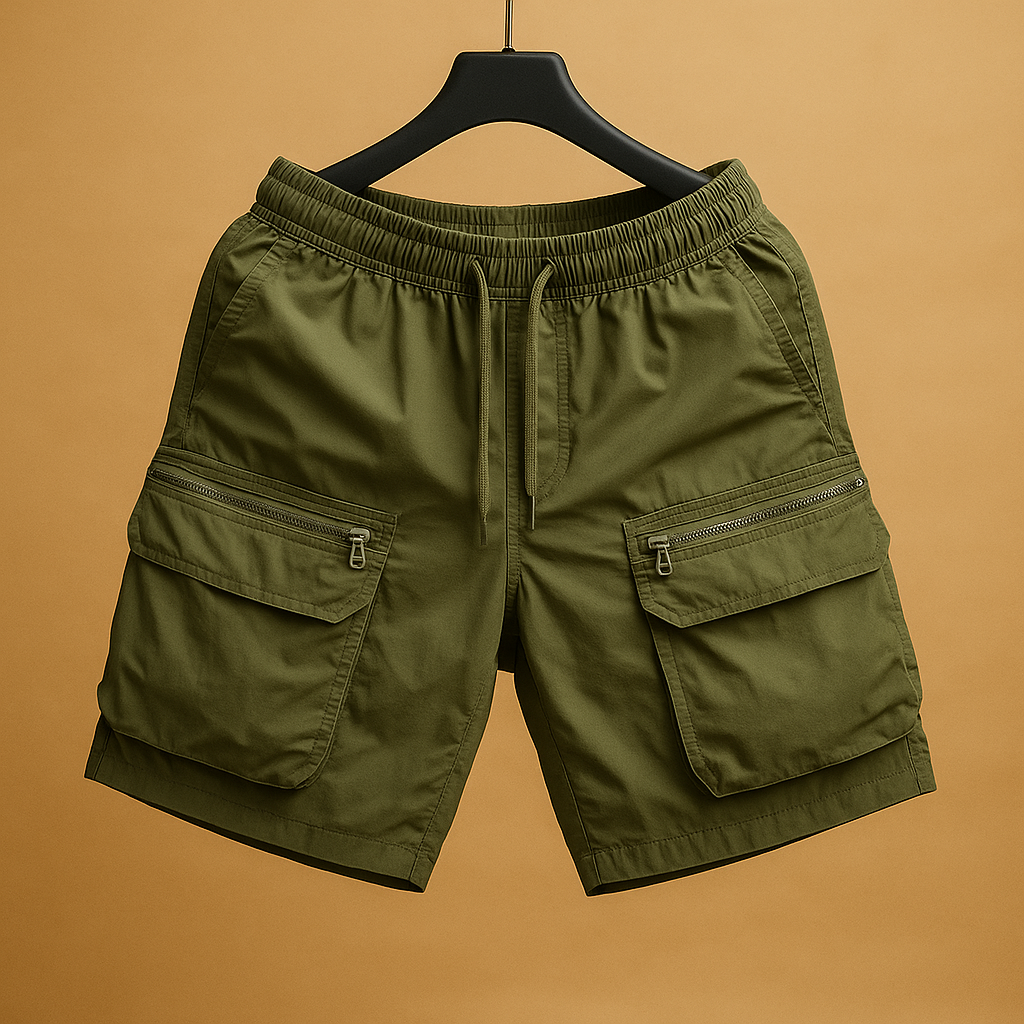 Men’s oversized cargo shorts in lightweight quick-drying nylon with multiple functional pockets, available in brown, black, army green, white, and purple.