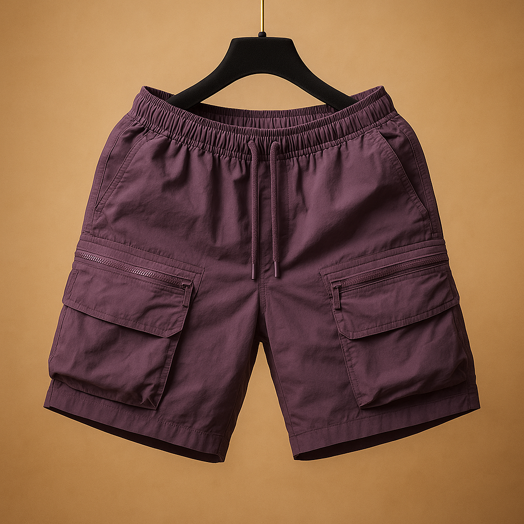 Men’s oversized cargo shorts in lightweight quick-drying nylon with multiple functional pockets, available in brown, black, army green, white, and purple.