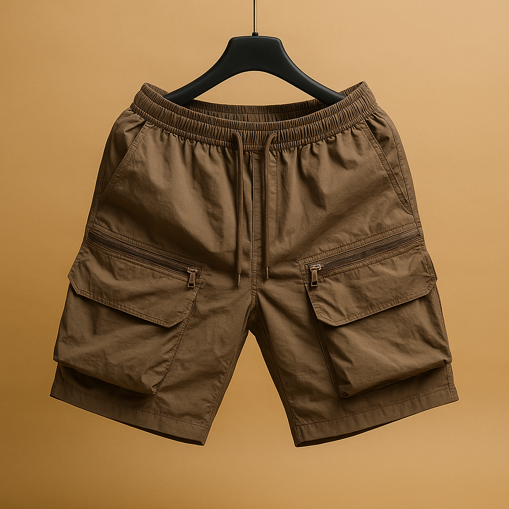 Men’s oversized cargo shorts in lightweight quick-drying nylon with multiple functional pockets, available in brown, black, army green, white, and purple.
