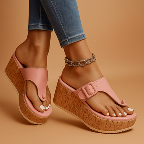Women’s platform sandals with adjustable straps, raised sole for posture support, and non-slip base in black, beige, and light pink.